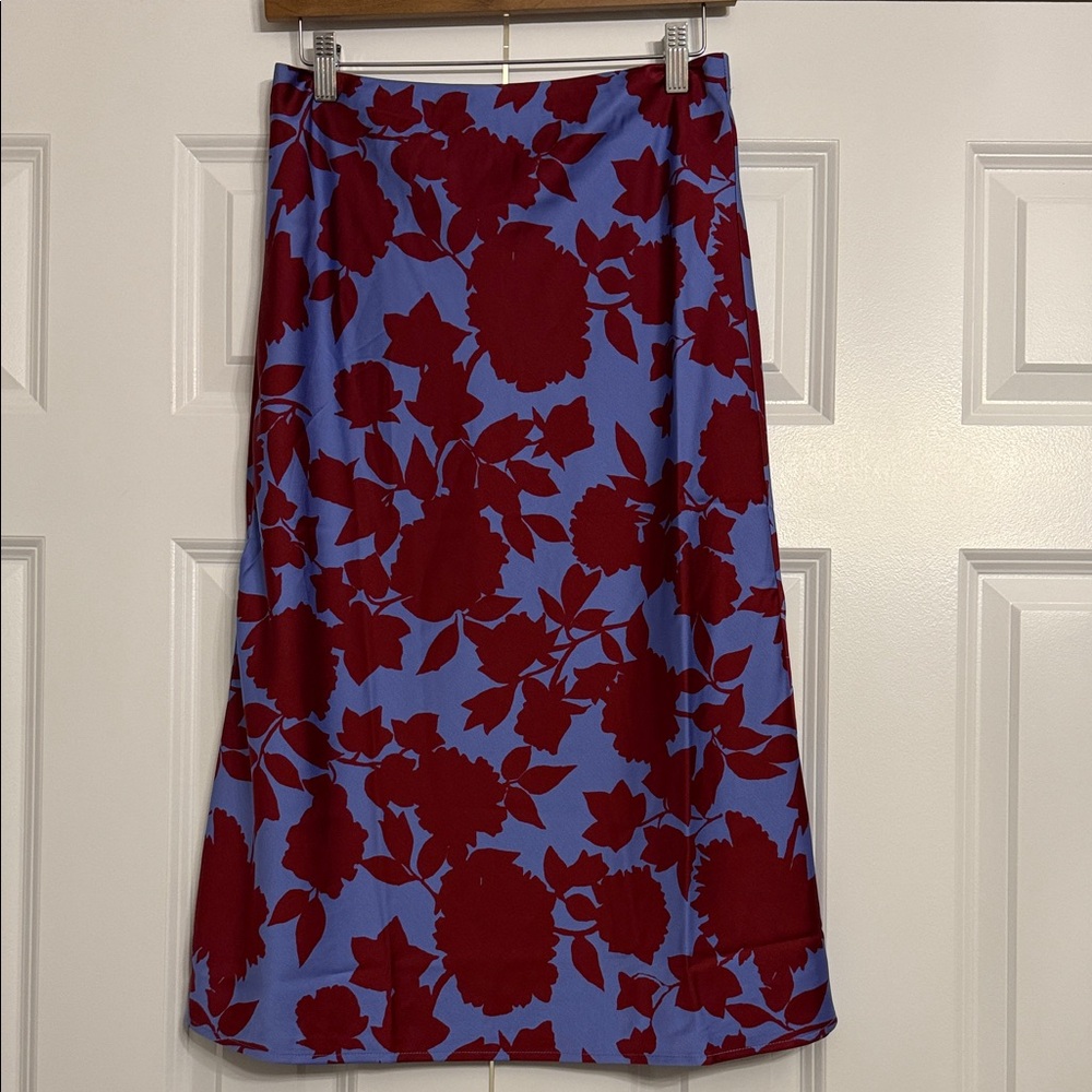 J. Crew Factory Blue Skirt with Red Floral Pattern